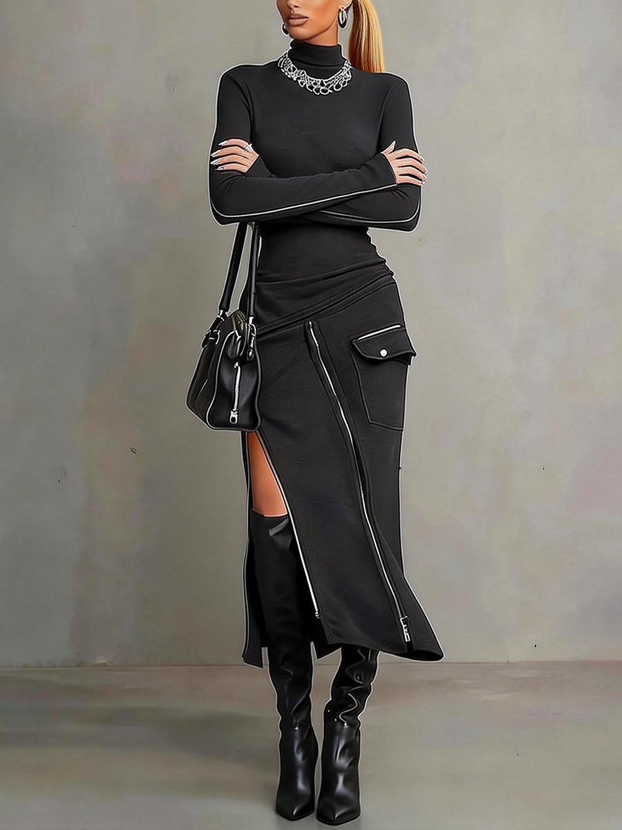 Bodycon Irregularity Asymmetric Pockets Solid Color Split-Joint Split-Side Zipper Half Turtleneck Midi Dresses