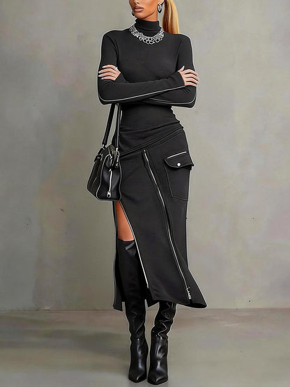 Bodycon Irregularity Asymmetric Pockets Solid Color Split-Joint Split-Side Zipper Half Turtleneck Midi Dresses