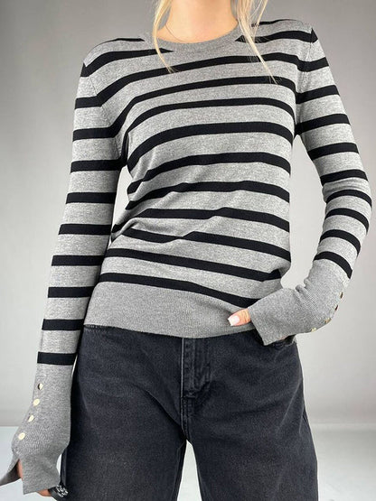 Long Sleeves Buttoned Contrast Color Striped Round-Neck Sweater Tops