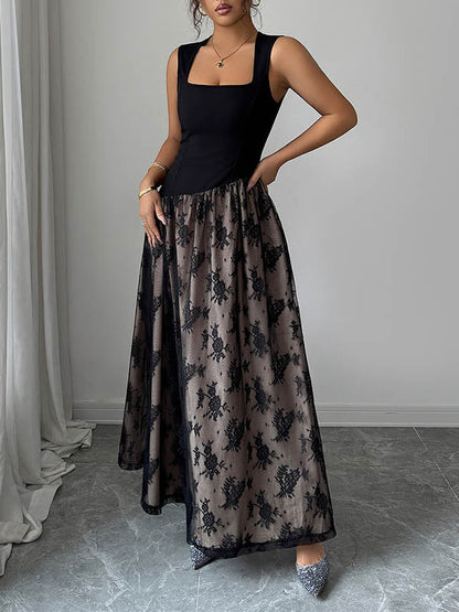 High Waisted Sleeveless Contrast Color Flower Print Split-Joint Zipper Square-Neck Maxi Dresses