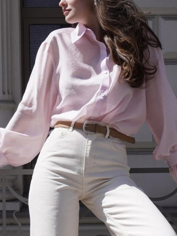 Loose Puff Sleeves Pleated Solid Color Split-Joint Lapel Blouses&Shirts Tops