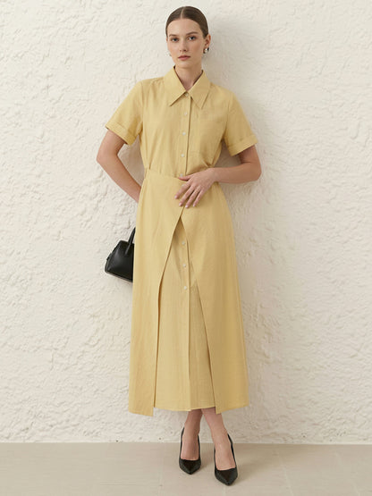 Elasticated Waist Short Sleeves Buttoned Layered Solid Color Split-Front Split-Joint Lapel Maxi Dresses Shirt Dress