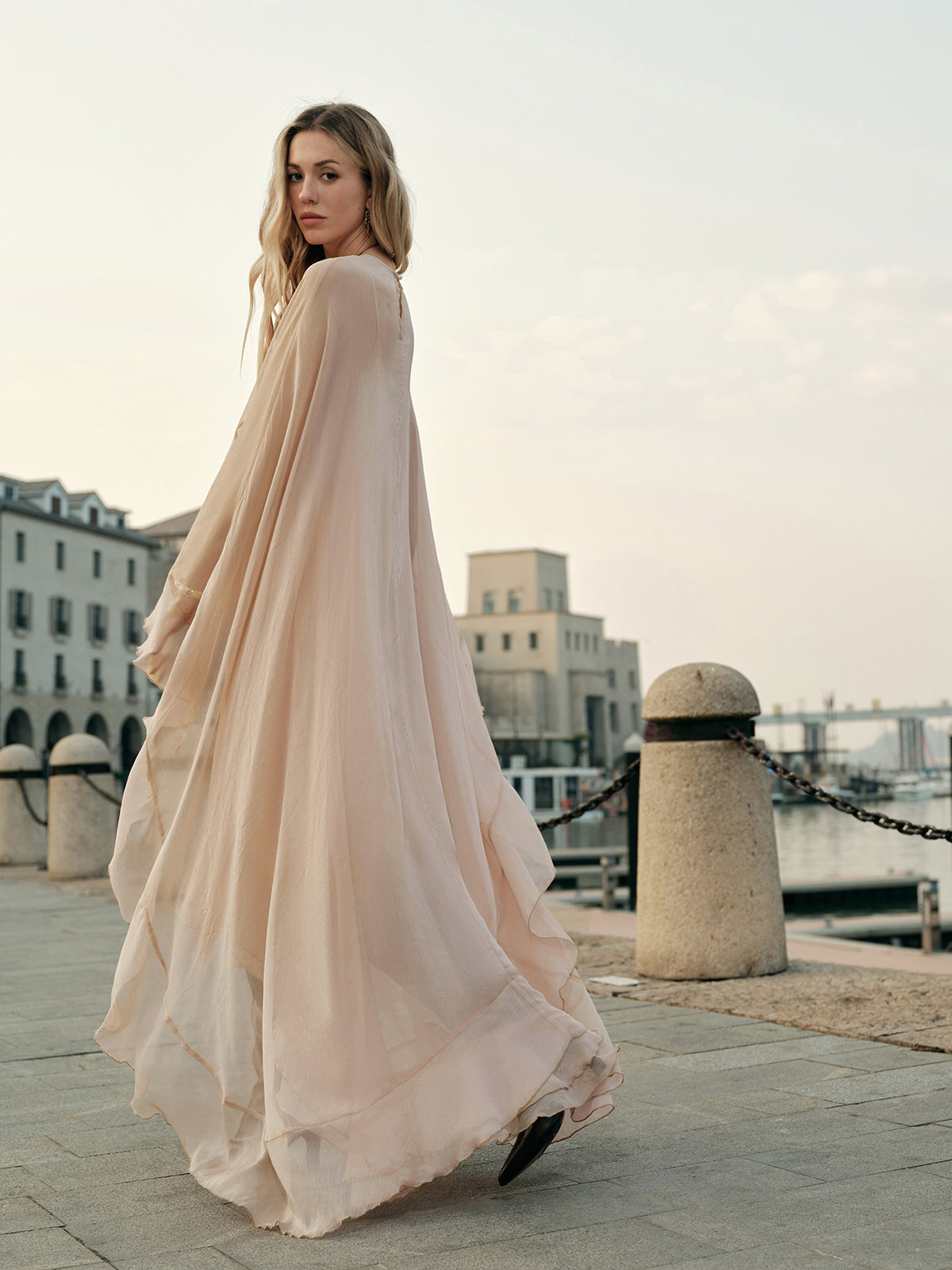 Seraphina | Women's Chiffon Layered Maxi Dress with Cape Sleeves