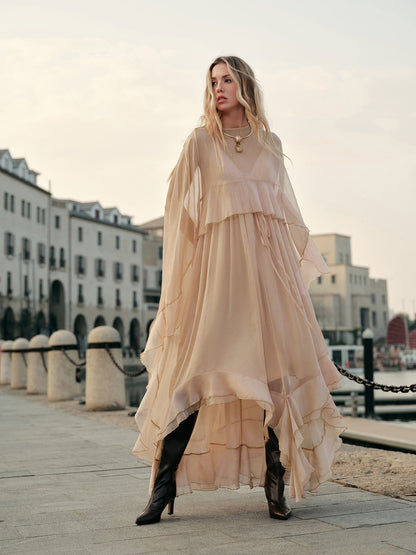 Seraphina | Women's Chiffon Layered Maxi Dress with Cape Sleeves