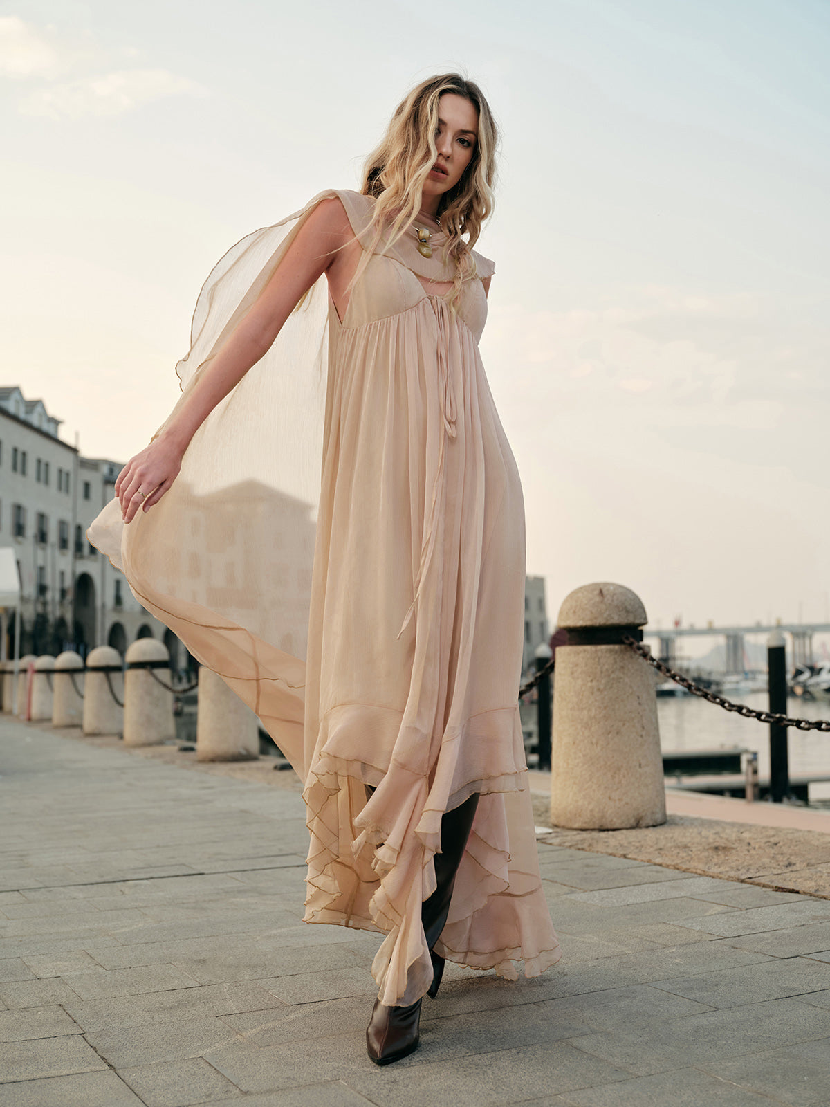 Seraphina | Women's Chiffon Layered Maxi Dress with Cape Sleeves