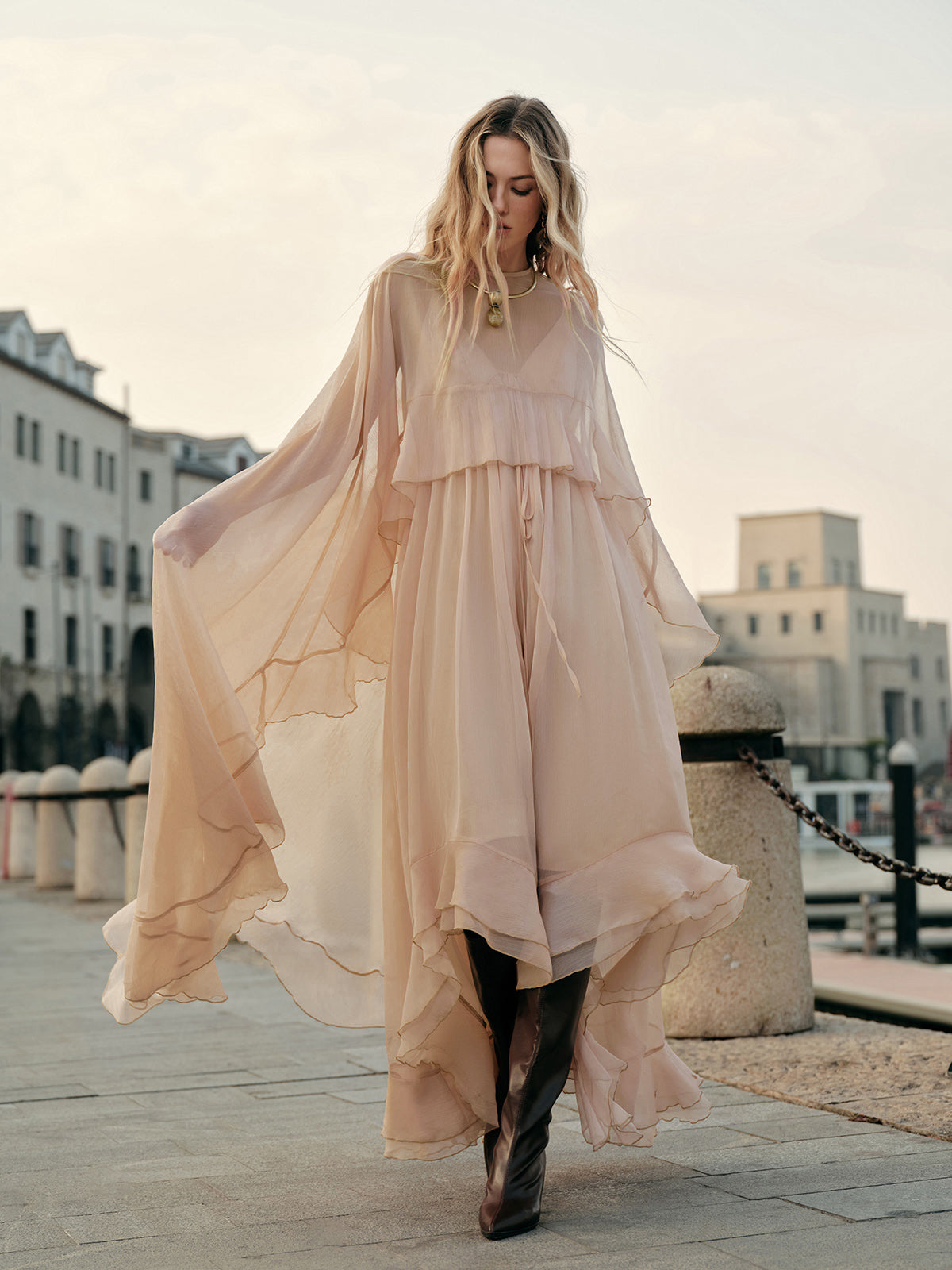 Seraphina | Women's Chiffon Layered Maxi Dress with Cape Sleeves