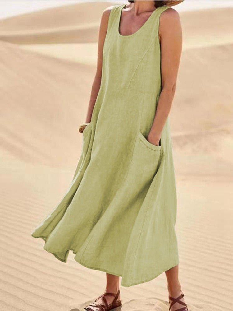 Sage | Women's Casual Sleeveless Maxi Dress Scoop Neck Pockets