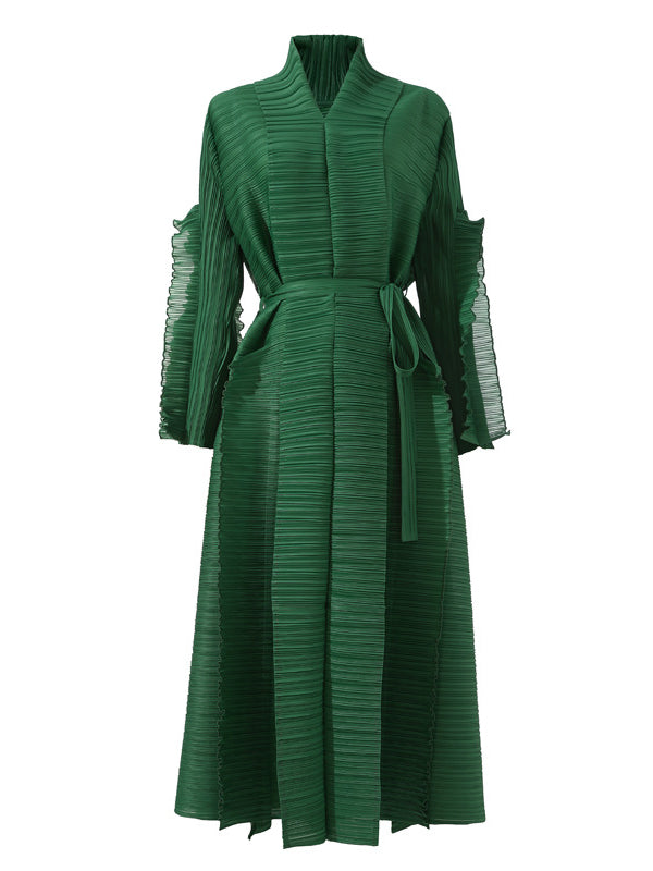 Casual Long Sleeves Loose Tied Pleated Stand Collar Midi Dresses