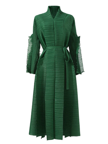 Casual Long Sleeves Loose Tied Pleated Stand Collar Midi Dresses