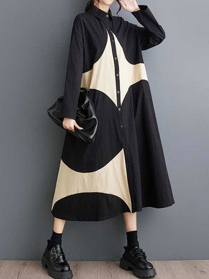 A-Line Long Sleeves Buttoned Pockets Printed Lapel Midi Dresses Shirt Dress