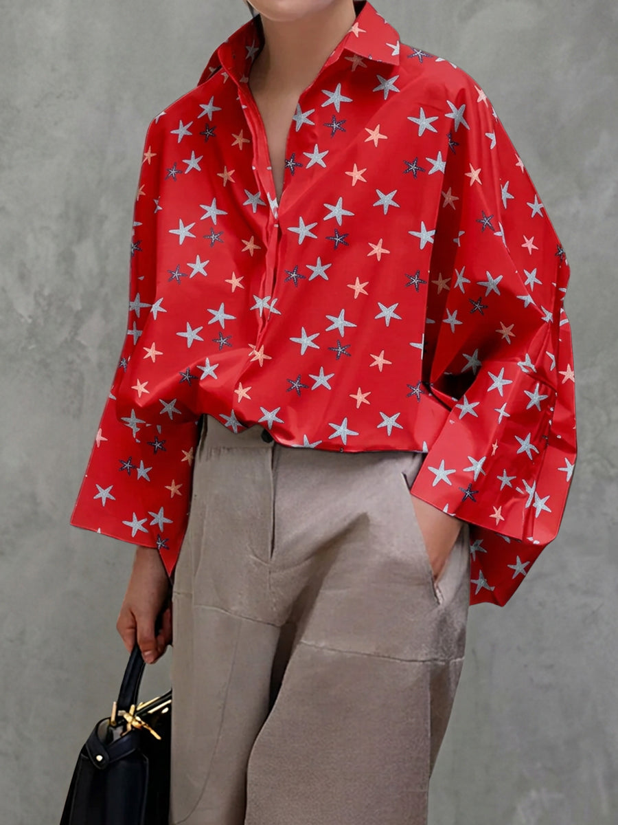 Batwing Sleeves Long Sleeves Buttoned Contrast Color Printed Lapel Blouses&Shirts Tops