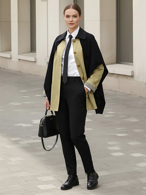 Long Sleeves Buttoned Contrast Color Pockets Lapel Jackets Outerwear With Shawl