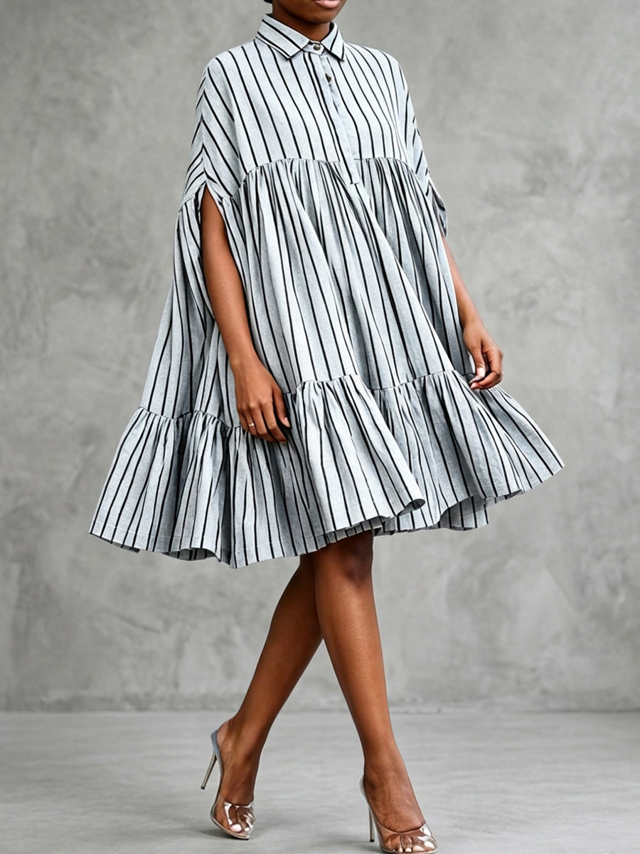 A-Line Batwing Sleeves Buttoned Contrast Color Pleated Ruffle Trim Split-Joint Striped Lapel Midi Dresses