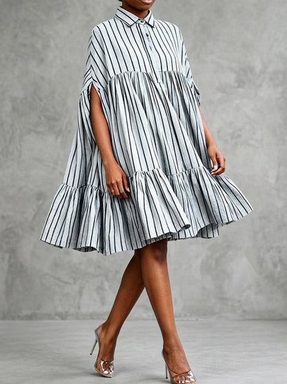 A-Line Batwing Sleeves Buttoned Contrast Color Pleated Ruffle Trim Split-Joint Striped Lapel Midi Dresses