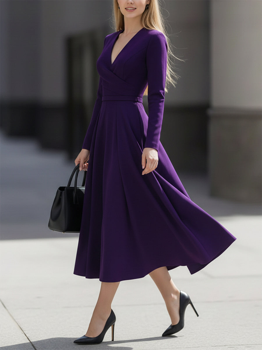 A-Line Long Sleeves Pleated Pockets Solid Color V-Neck Midi Dresses