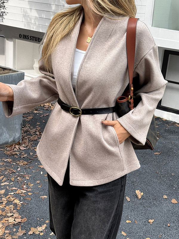 Long Sleeves Loose Solid Color Tied Collarless Jackets&Coats Outerwear