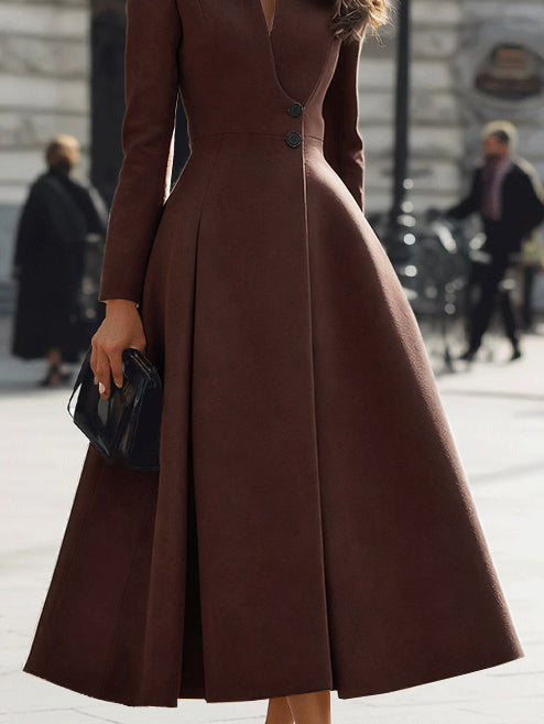 A-Line High Waisted Buttoned Pleated Solid Color Stand Collar Maxi Dresses