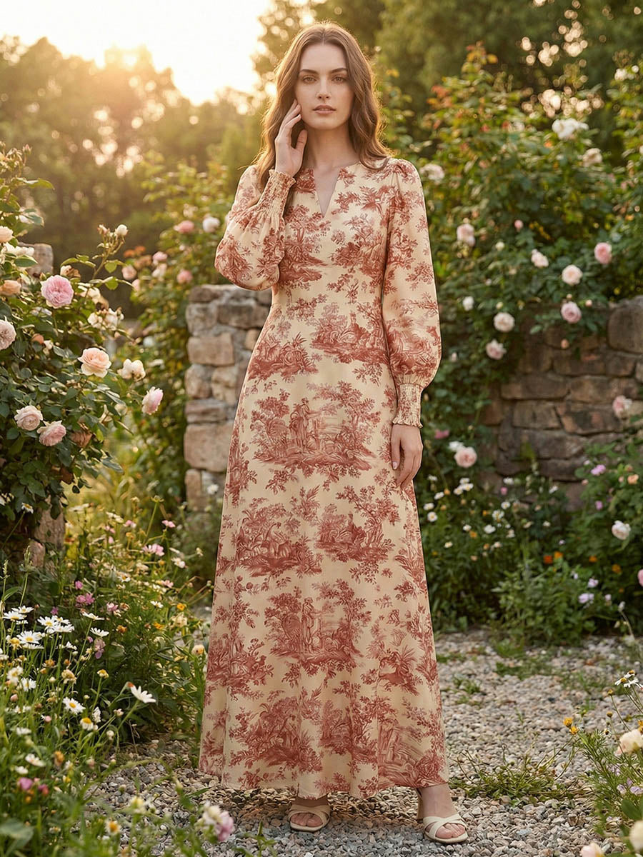Elasticated Waist High Waisted Contrast Color Pleated Printed Split-Joint V-Neck Maxi Dresses