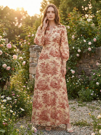 Elasticated Waist High Waisted Contrast Color Pleated Printed Split-Joint V-Neck Maxi Dresses