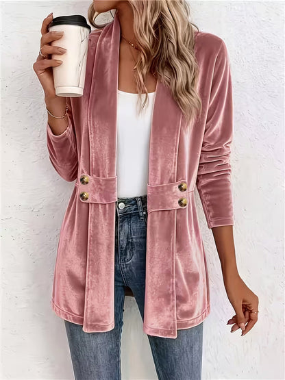 Velvet Solid Color Buttoned Loose Long Sleeves Collarless Outerwear