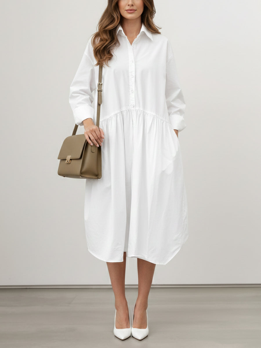 Long Sleeves Loose Buttoned Pleated Solid Color Split-Joint Lapel Midi Dresses