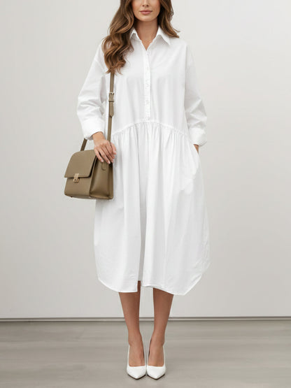 Long Sleeves Loose Buttoned Pleated Solid Color Split-Joint Lapel Midi Dresses