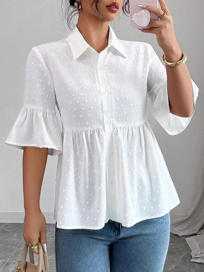A-Line Flared Sleeves Buttoned Jacquard Pleated Solid Color Lapel Blouses&Shirts Tops