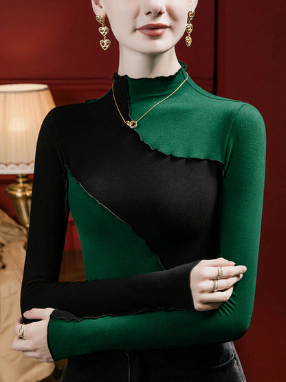 Long Sleeves Plus Size Contrast Color Ruffle Trim Split-Joint Mock Neck T-Shirts Tops