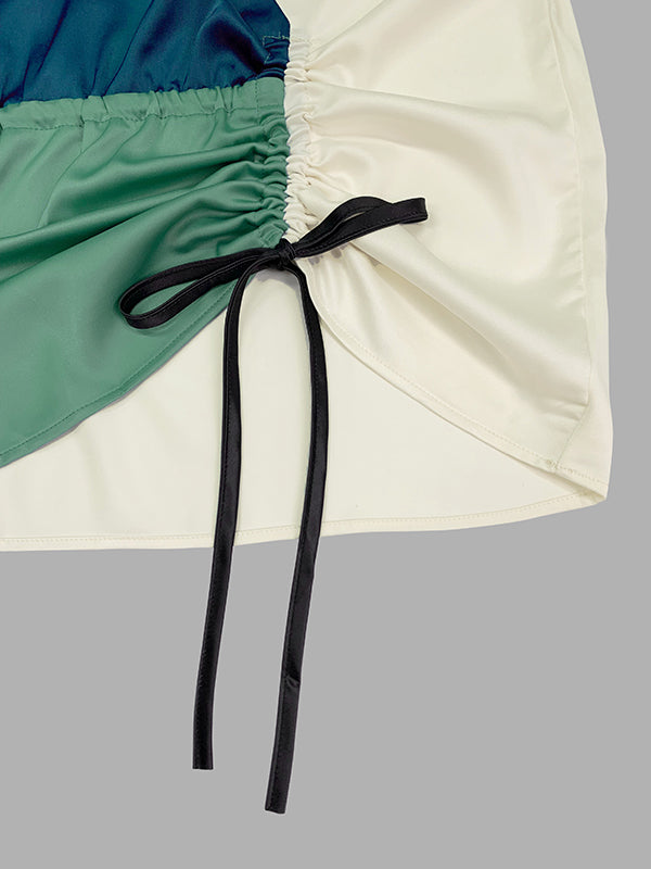 Long Sleeves Loose Color-Block Contrast Color Drawstring Elasticity V-Neck Blouses&Shirts Tops