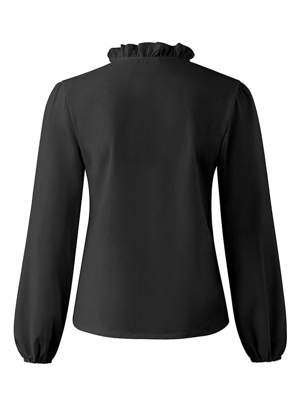 Puffärmel Falbala Einfarbige Blusen mit V-Ausschnitt 