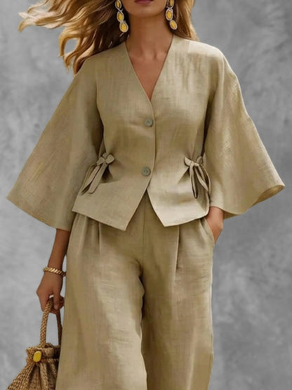 Flared Sleeves Loose Buttoned Solid Color Tied V-Neck Blouses&Shirts Tops