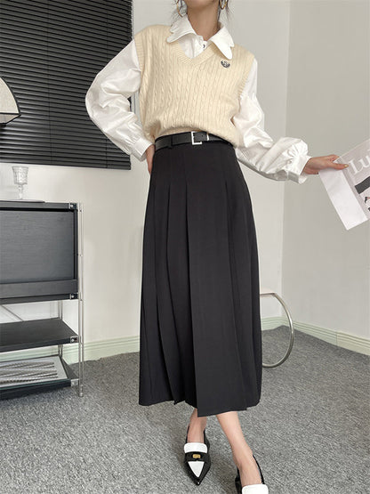 A-Line High Waisted Pleated Solid Color Split-Joint Skirts