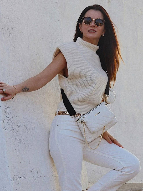 Casual Cap Sleeve Solid Color High-Neck Sweater Tops Pullovers