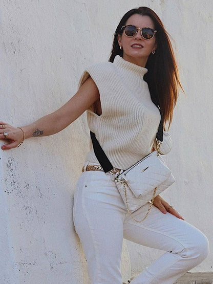 Casual Cap Sleeve Solid Color High-Neck Sweater Tops Pullovers