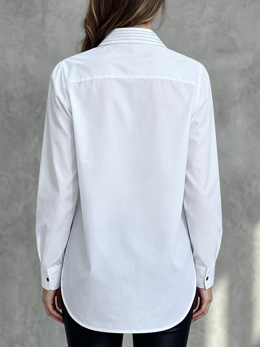 Striped Ruffle Trim Buttoned Loose Long Sleeves Stand Collar Blouses&shirts Tops
