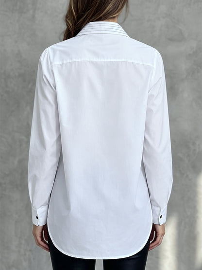 Striped Ruffle Trim Buttoned Loose Long Sleeves Stand Collar Blouses&shirts Tops