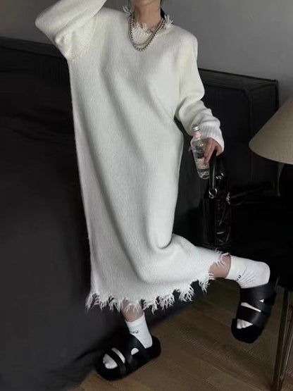 High Waisted Long Sleeves Fringed Solid Color Round-Neck Midi Dresses Sweater Dresses