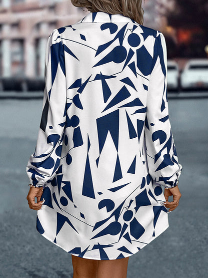 Loose Puff Sleeves Printed Split-Joint Lapel Mini Dresses Shirt Dress