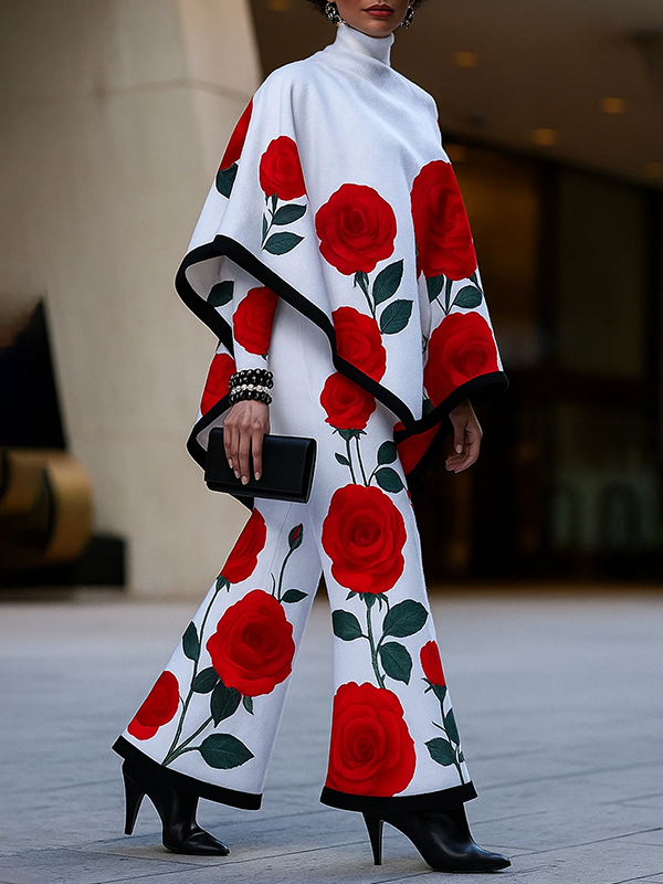 Long Sleeves Loose Flower Print High Neck Sweatshirt Tops