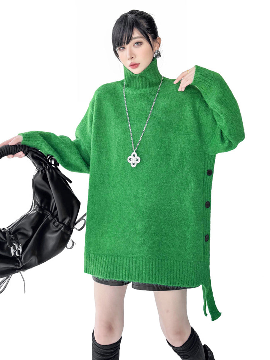 Irregularity Long Sleeves Buttoned Ribs Solid Color Split-Joint High Neck Sweater Tops