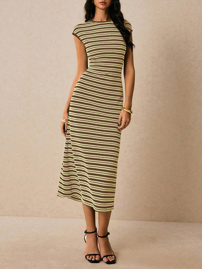 Sleeveless Contrast Color Split-Joint Striped Round-Neck Midi Dresses