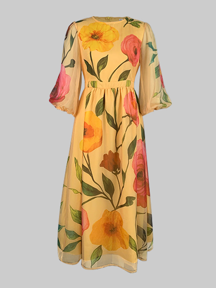 Lockere, durchsichtige Midikleider mit Puffärmeln und Blumendruck und Rundhalsausschnitt 