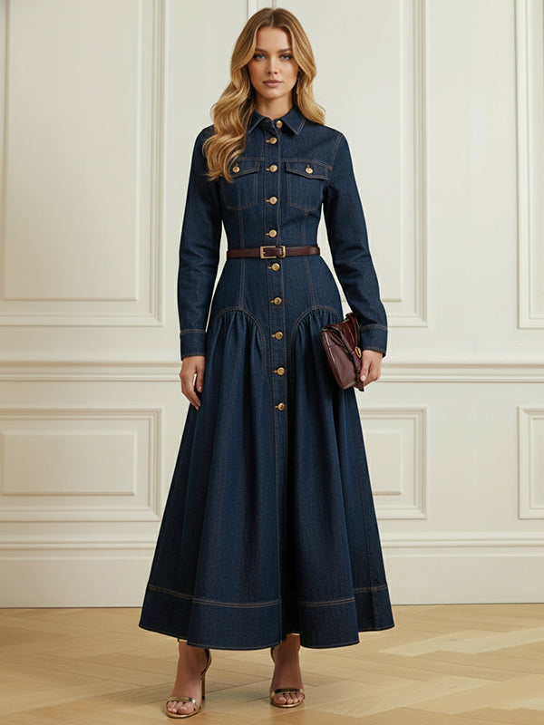 A-Line Elasticated Waist Belted Buttoned Single-Breasted Lapel Collar Maxi Dresses Shirt Dress