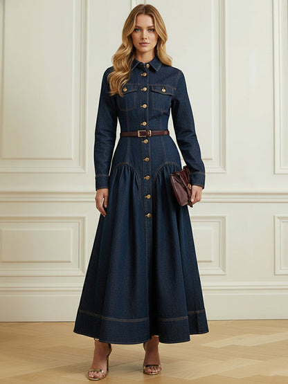 A-Line Elasticated Waist Belted Buttoned Single-Breasted Lapel Collar Maxi Dresses Shirt Dress