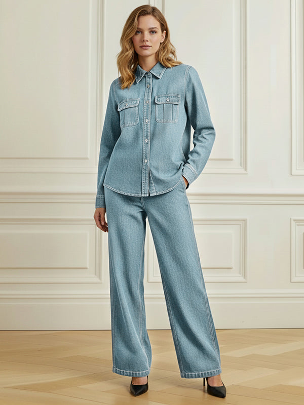 Loose Wide Leg Buttoned Pockets Solid Color Jean Pants Bottoms