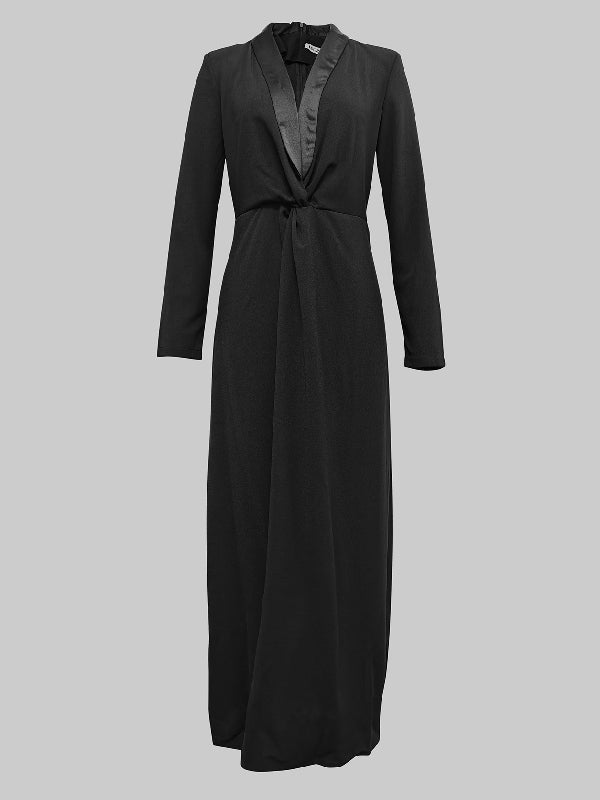 Robe longue moulante à manches longues et col en V profond, couleur unie 