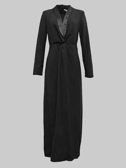 Robe longue moulante à manches longues et col en V profond, couleur unie 