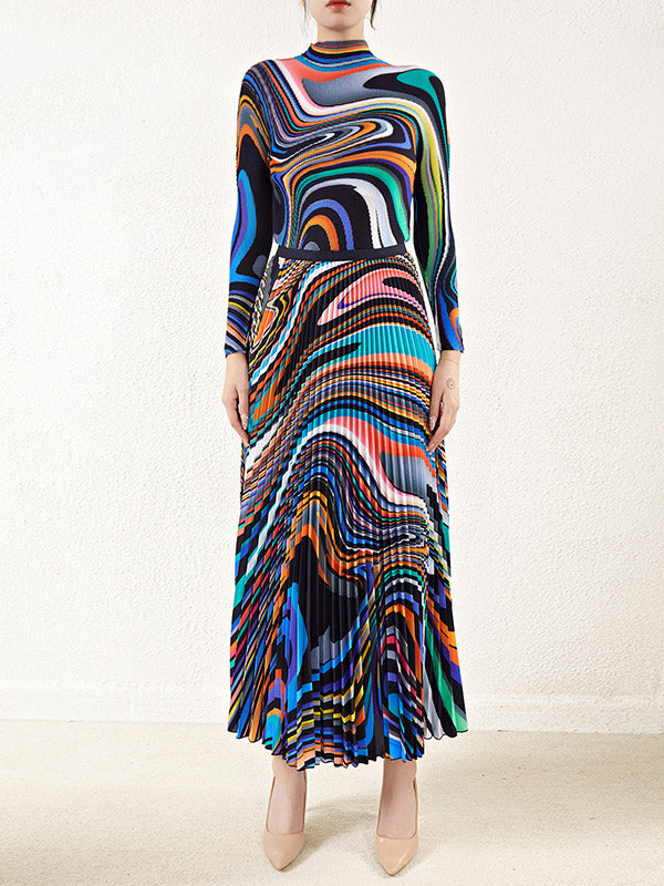 Long Sleeves Contrast Color Pleated Mock Neck T-Shirt Top + Printed A-Line Skirts Bottom Two Pieces Set