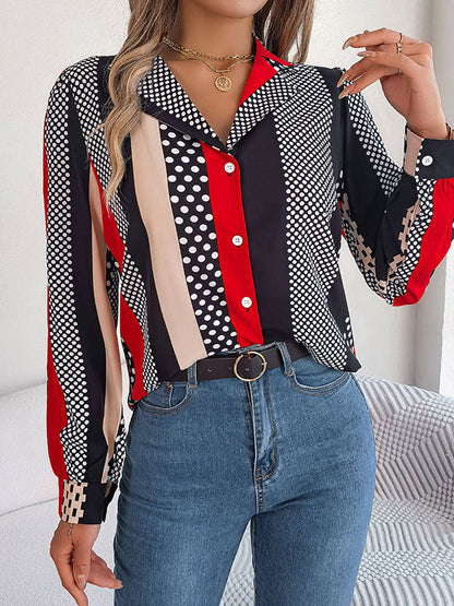 Long Sleeves Buttoned Contrast Color Polka-Dot Notched Collar Blouses&Shirts Tops