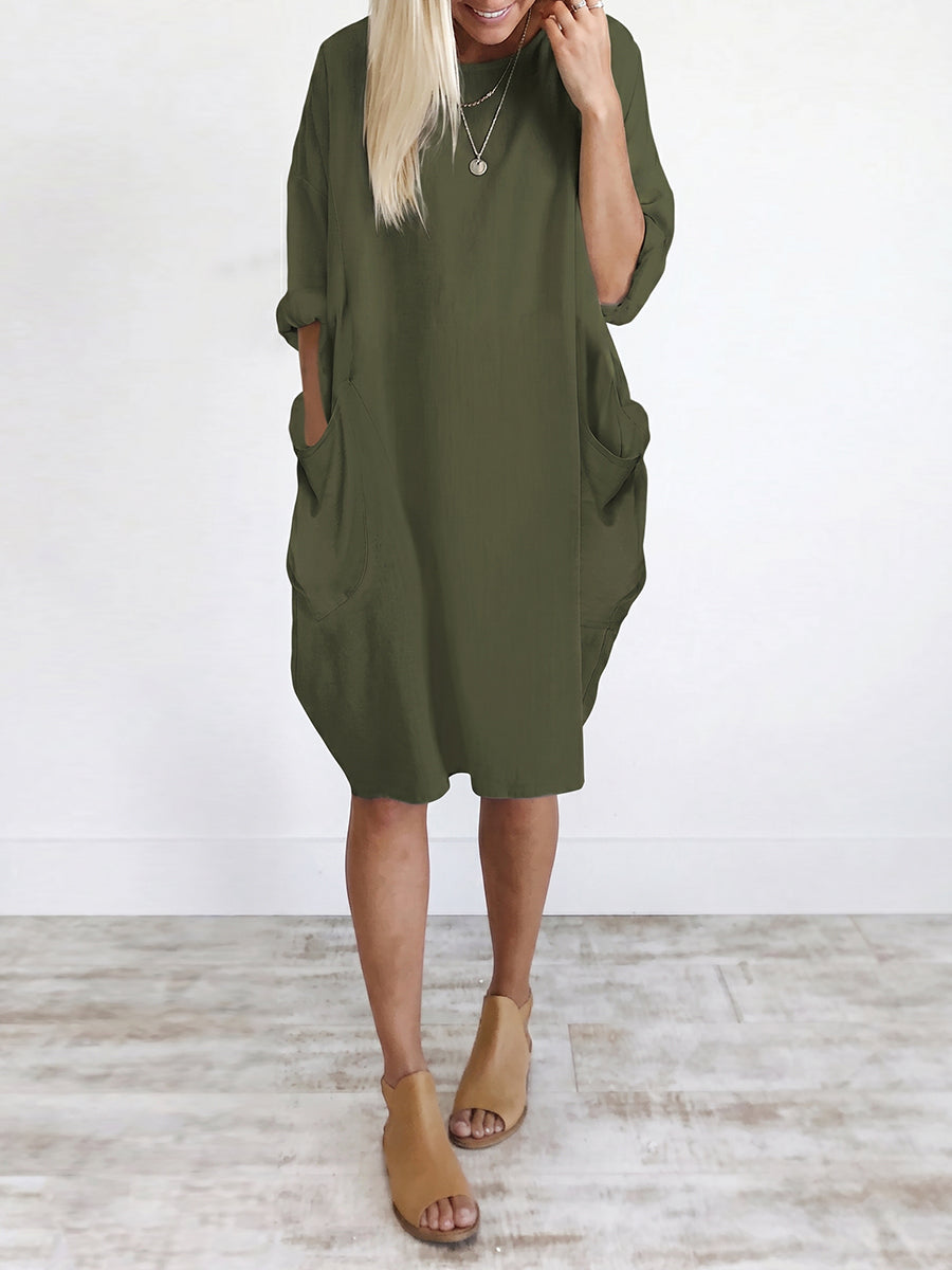 Long Sleeves Loose Pockets Solid Color Round-Neck Mini Dresses